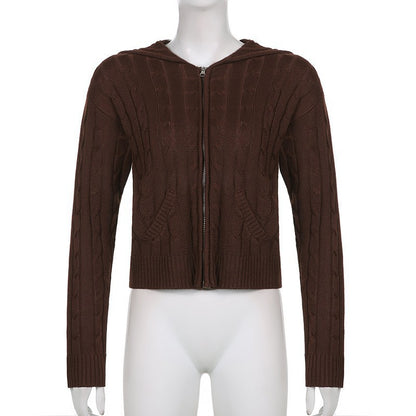 Women's Solid Drawstring Full Zip Up Hooded Spring Crochet Cardigan, Back To School Outfits, Drop Shoulder Kitting Fall Sweater Tops, Cardigan for Women, Casual Solid Dual Pocket Fall Outerwear for New Style, Fall outfits, Fallfreshness