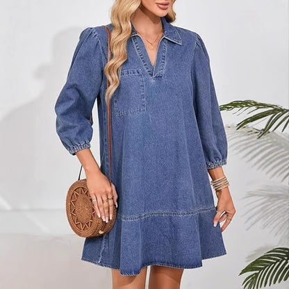 Denim Dress for Women Fashion Fall Casual Babydoll 2025 V Neck 3/4 Puff Sleeve Jean Dresses
