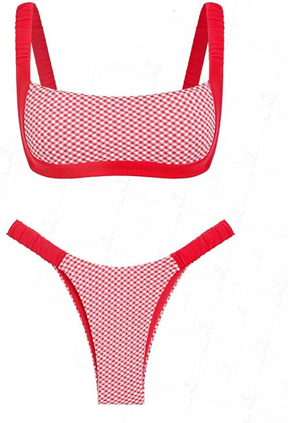 Contrast Color Red Gingham Spliced High Leg Cheeky Bikini Set - Seldom Seen Styles