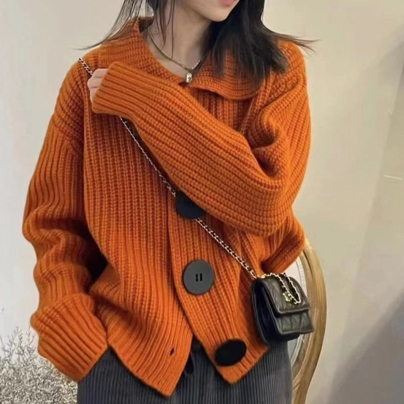 Korean Style 2024 New Spring and Autumn Sweater Easy Matching Coat Loose Fashion Big Buckle Western Style Lapel Knitted Cardigan for Women