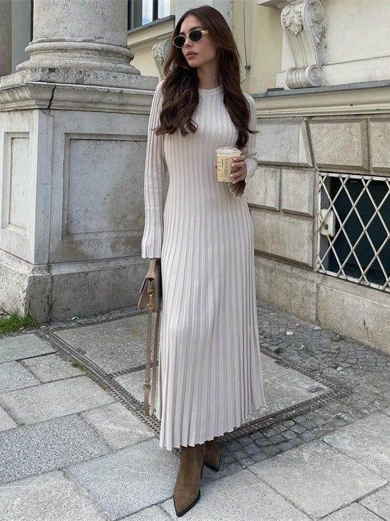 Long Sleeve Round Neck Tight Knitted Autumn New Style Sweater Sunken Stripe Solid Color Base  Style Dress