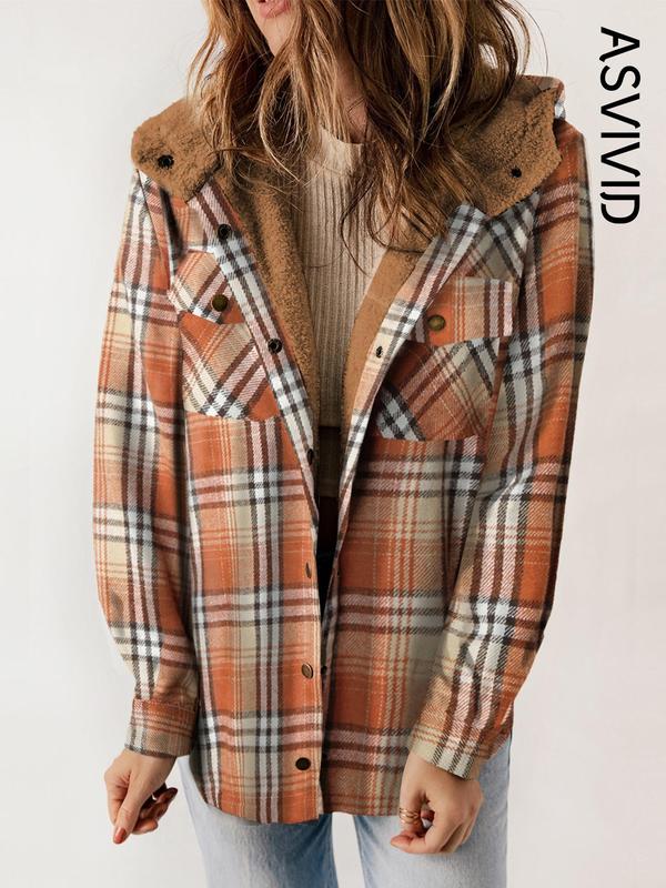 Women's Plaid / Houndstooth Print Button Front Hooded Coat, Casual Long Sleeve Pocket Coat for Fall & Winter, Ladies Outerwear for Daily Wear - Seldom Seen Styles