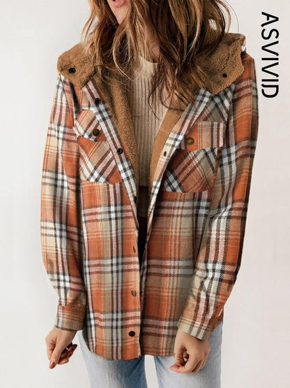 Women's Plaid / Houndstooth Print Button Front Hooded Coat, Casual Long Sleeve Pocket Coat for Fall & Winter, Ladies Outerwear for Daily Wear