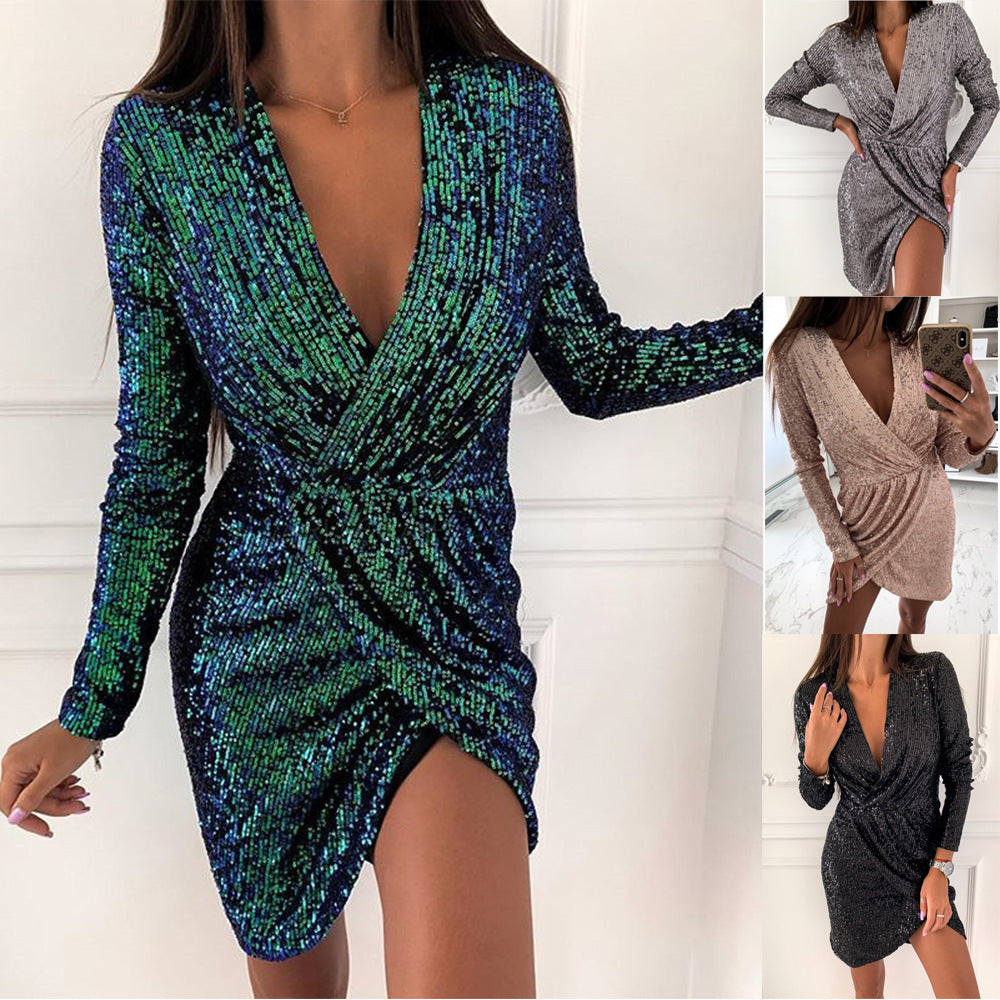 Women's Beaded Dress Long Sleeve V Collar Mini Skirt Dress