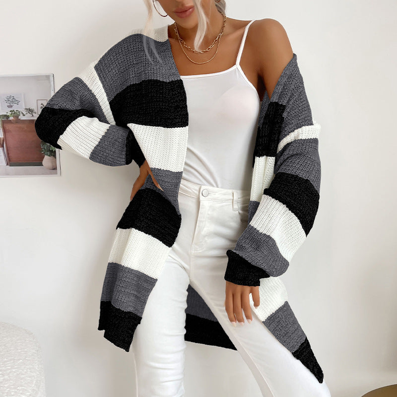 Independent Station Cross-Border E-Commerce Exclusively for Foreign Trade Autumn and Winter Hot Products European and American Women's Clothing Long Non-Button Colorblock Sweater Coat