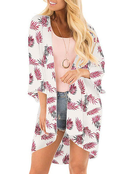 Women's Beach Cover up Swimsuit Kimono with Bohemian Floral Print, Loose Casual Resort Wear