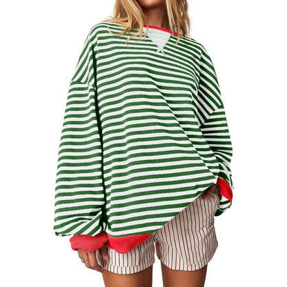【Up To 3XL】Fisace Christmas Womenswear Striped Oversized Sweatshirt Color Block Crew Neck Long Sleeve Shirt Casual Loose Pullover Top Y2K Clothes back to school