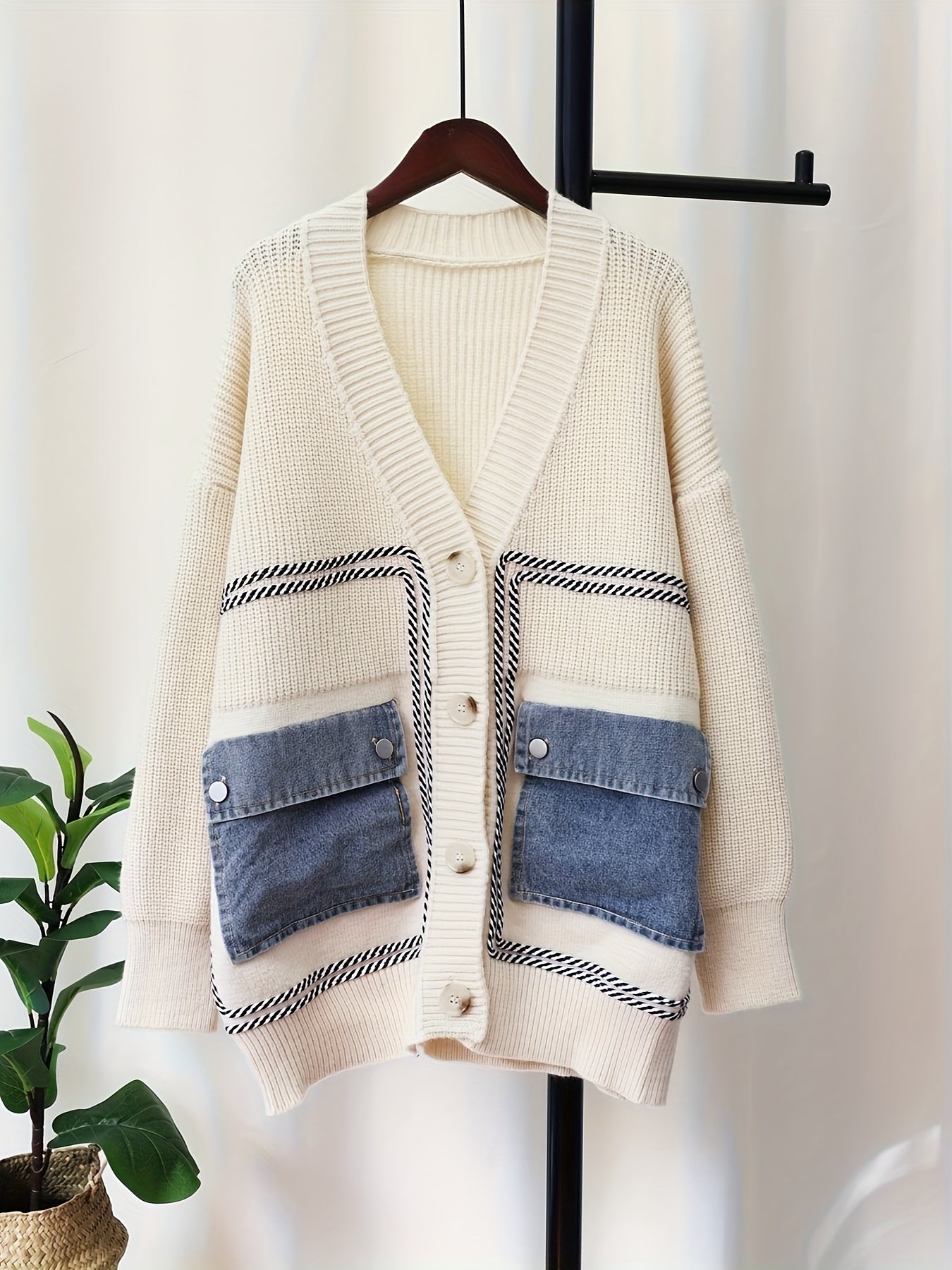 Color Block Flap Pocket Knitted Cardigan, Casual Button Front V Neck Long Sleeve Drop Shoulder Cardigan, Women's Clothing