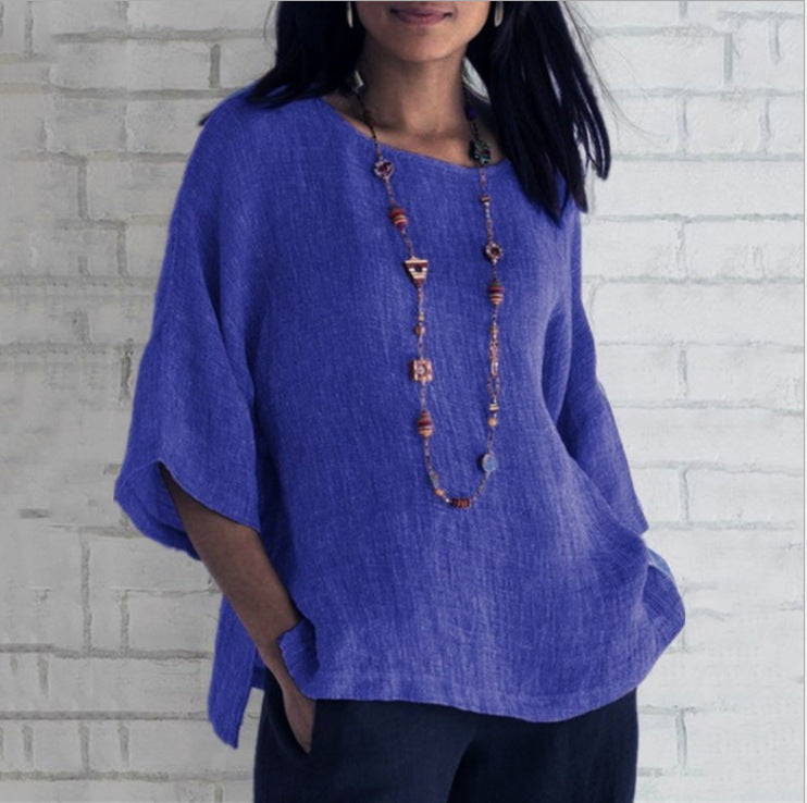 Womens Cotton Linen 3/4 Sleeve Casual Loose Top Crew Neck Shirt Spring Summer Oversized Solid Color Blouses for Women 2024 - Seldom Seen Styles