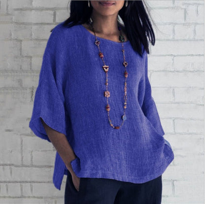 Womens Cotton Linen 3/4 Sleeve Casual Loose Top Crew Neck Shirt Spring Summer Oversized Solid Color Blouses for Women 2024