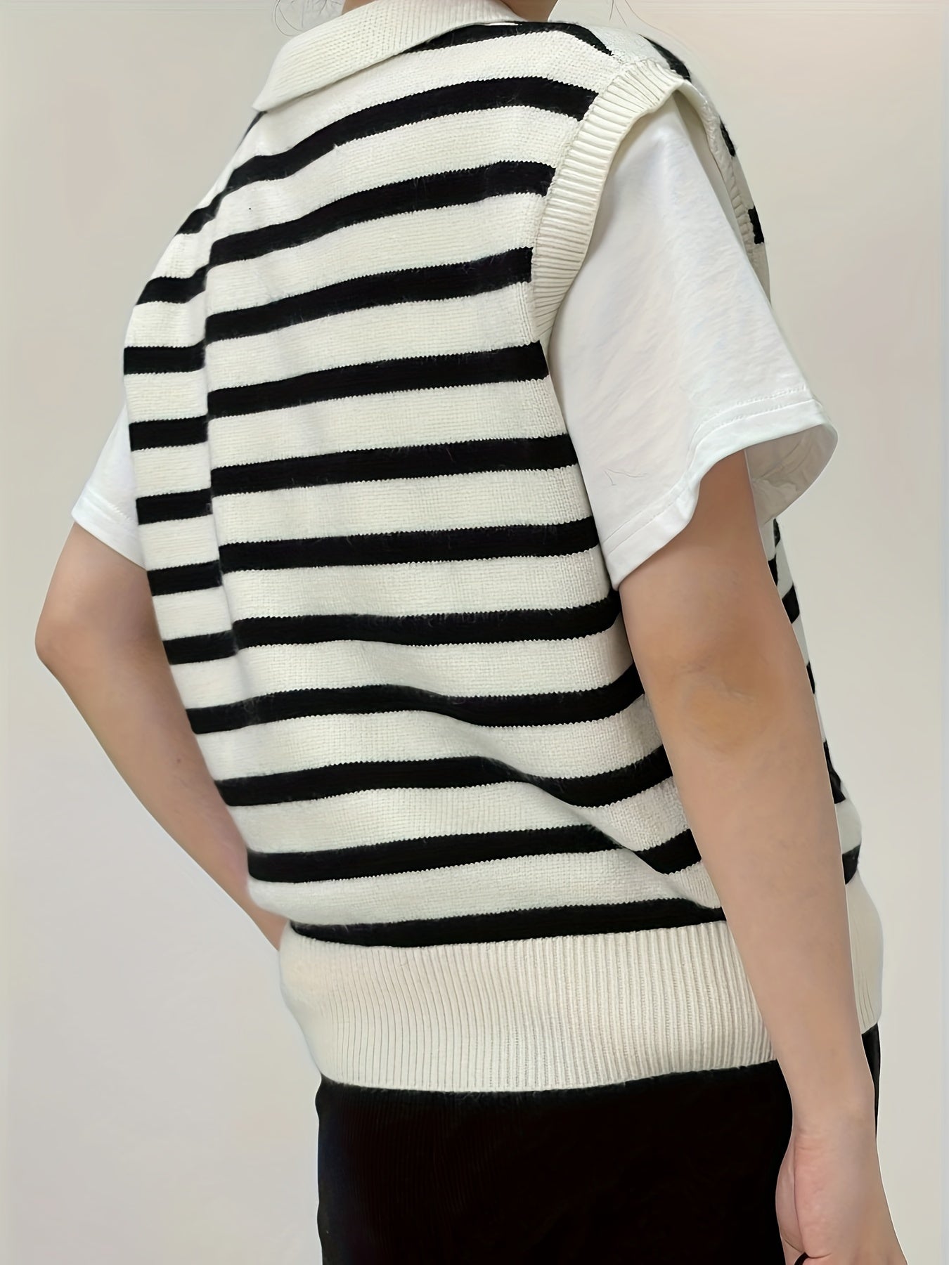 Women's Casual Striped Knit Vest with Lapel Collar - 100% Polyester Sleeveless Sweater for All Seasons