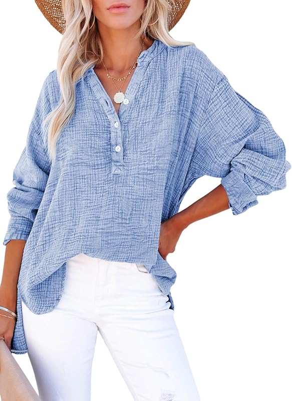 Womens Casual Button V Neck Long Sleeve Shirts Oversized Solid Blouses Tops