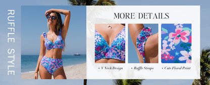 Women Bikini Sets 2 Piece Swimsuit High Waisted Bottom Floral Print Ruffle V Neck Bathing Suits - Seldom Seen Styles