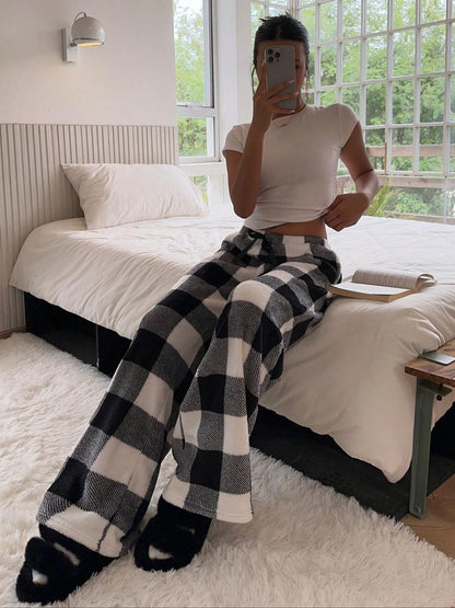 Pantalon de pyjama en peluche pelucheuse pour femme, cordon de serrage, taille élastique, jambe large, pantalon de détente