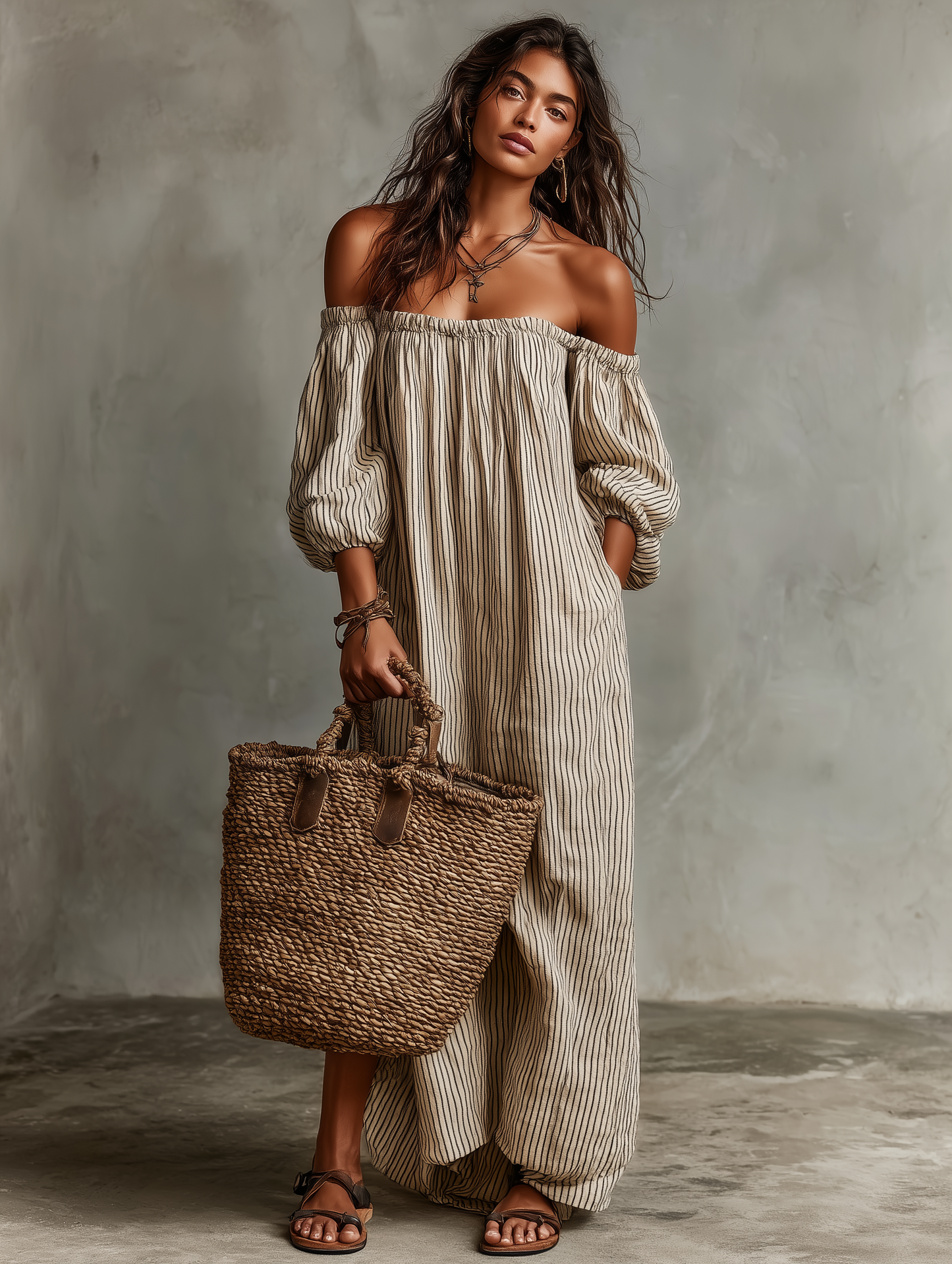 Women's Loose Cotton-Linen Off-Shoulder Long Sleeve Maxi Dress - Seldom Seen Styles