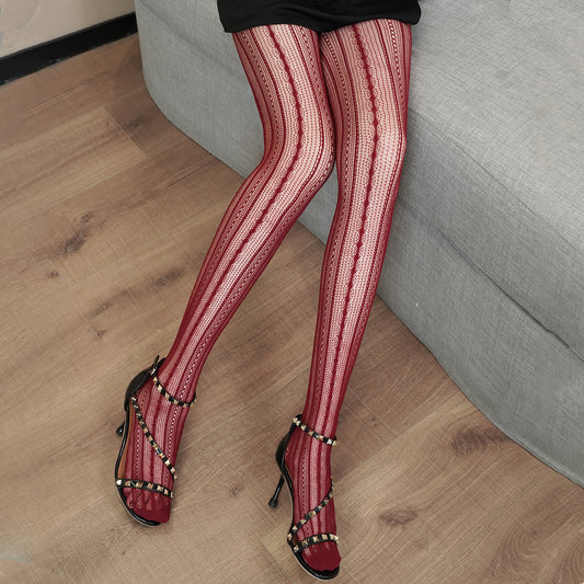 Spring and Autumn Striped Dark Red Millennium Hot-Selling Slimming Stockings Retro Dark Pattern Hot Girl Versatile Thin Pantyhose - Seldom Seen Styles