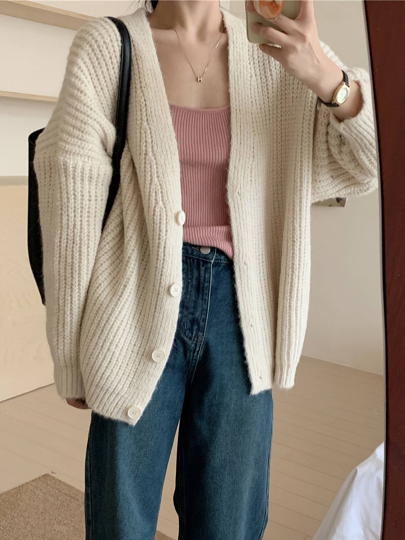 Drop Shoulder Button Front Cardigan, Casual V-ringad långärmad cardigan för höst och vinter, damkläder