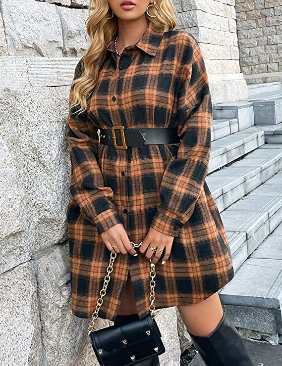 Women's Button Down Flannel Shirts Plaid Shacket Long Sleeve Collared Long Jacket Coats