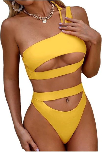 Sexy Cutout One Shoulder Bikini Swimsuit Set for Women Brazilian Bathing Suit 2 Piece - Seldom Seen Styles