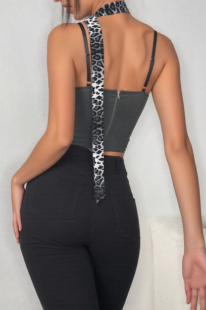 Women's Strapless Bustier Cami Top Leopard Print Patchwork Color Block Tie Detail Waist-Fitted Sleeveless Summer Going Out Party Top