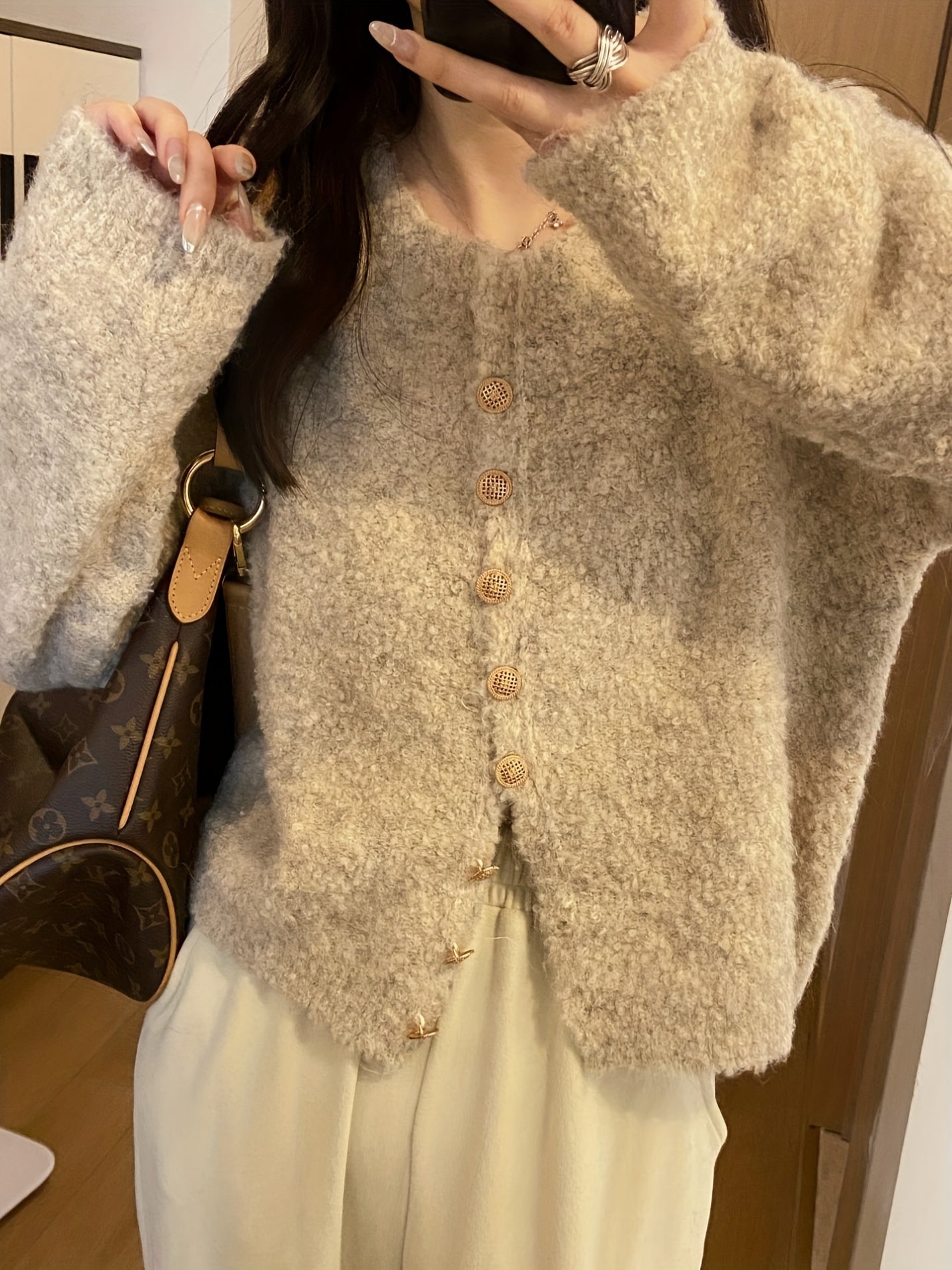 Solid Color Button Front Cardigan, Casual Long Sleeve Fuzzy Cardigan For Fall & Winter, Women's Clothing