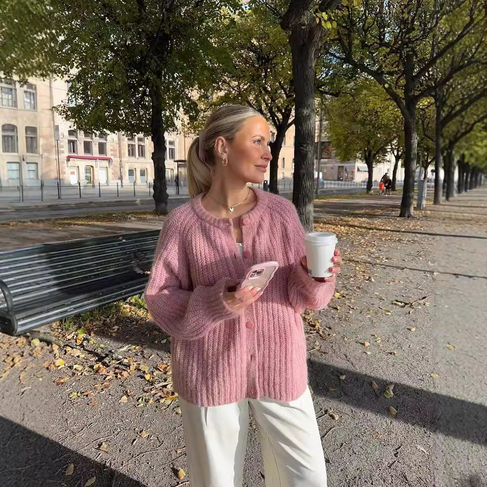 2024Autumn and Winter New Cross-Border Amazon Knitwear European and American Loose and Lazy Style Solid Color Long-Sleeve Cardigan Sweater Women