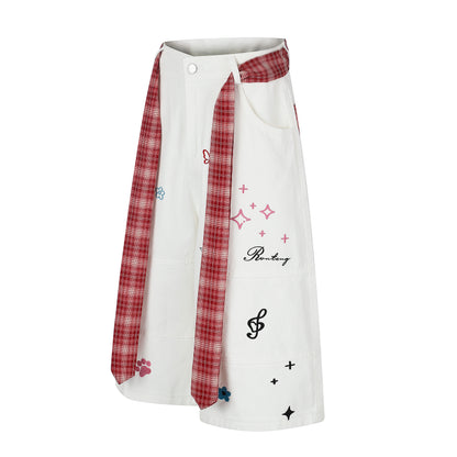 Women's Cute Embroidery Plaid Tie Wide Leg Denim Shorts High Waist Cherry Cat Bow Casual Sweet Streetwear Jean Shorts