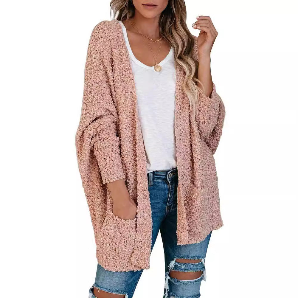 Women's Solid Color Batwing Sleeve Open Front Cardigan, Casual Long Sleeve Outerwear for Fall & Winter, Women's Knit Clothing for Daily Wear