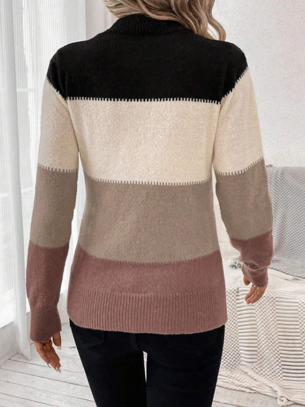 Autumn Winter Contrast Color Sweater  Women's Pullover round Neck Long Sleeves Knitwear Casual All-Matching Tops