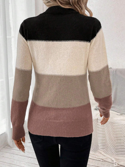 Autumn Winter Contrast Color Sweater  Women's Pullover round Neck Long Sleeves Knitwear Casual All-Matching Tops