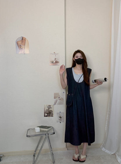 Women's Denim Fake Two-Piece Sleeveless U-Neck A-Line Midi Dress Ruffle Shoulder Detail with Free Mini Bag Dark Navy Blue Grey One Size