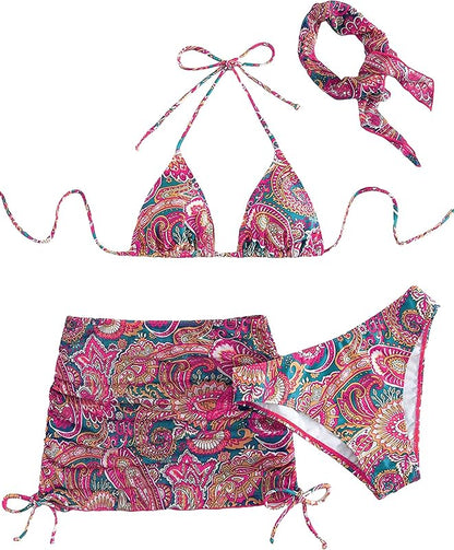 Women's 4 Piece Swimsuits Sexy Bikini Sets Triangle Bathing Suit with Mesh Cover Up Beach Skirt & Bandana - Seldom Seen Styles