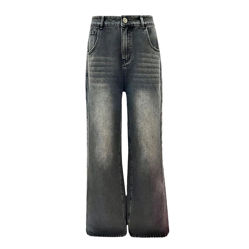 Retro-Jeans im amerikanischen Stil mit weitem Bein, Herbst 2024, Schwarz/Grau, locker hängend, wischend, hohe Taille, gerade Jeans für Damen, High Street 