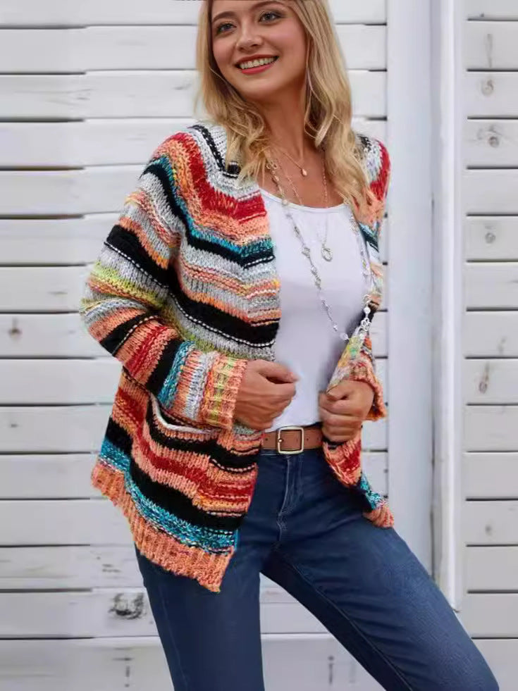 Women's Colorblock Stripes Print Open Front Cardigan, Casual Pocket Raglan Sleeve Knitwear for Spring & Fall, Women's Knit Clothing, Womenswear Knitting Tops, Cardigan for Women, Fall Clothes