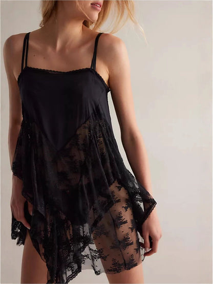 Women Lace Trim Satin Camisole Top Silky Spaghetti Strap V Neck Cami Top Flowy Asymmetrical Going Out Tank Tops