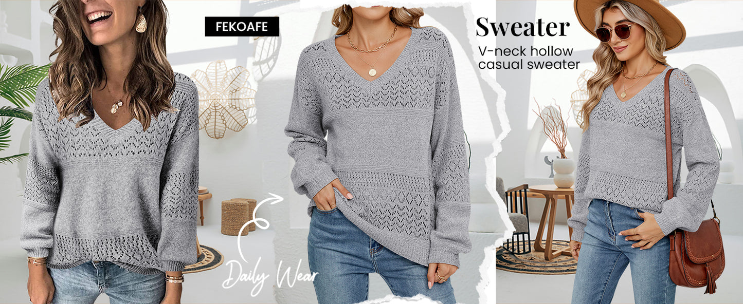 Womens Sweaters 2025 Fall V Neck Long Sleeve Hollow Knit Pullover Sweaters for Women