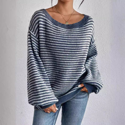 Women's Striped Drop Shoulder Sweater, Y2k Casual Bishop Sleeve Boat Neck Jumper Tops for Daily Outdoor Wear Back To School, Sweaters for Women, Ladies Knitwear for Fall, Fall Outfits, Fallfreshness, Preppy 80s Clothes