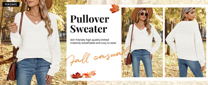 Womens Sweaters 2025 Fall V Neck Long Sleeve Hollow Knit Pullover Sweaters for Women