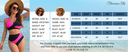 Womens High Waisted Bikini Sets Criss Cross Two Piece Swimsuits Color Block Full Coverage Bathing Suits - Seldom Seen Styles