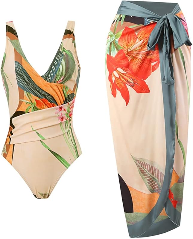 Women's 2 Pieces Sarong Swimsuit Set Sleeveless Floral Print Swimwear with Cover Up Bathing Suits Beachwear - Seldom Seen Styles