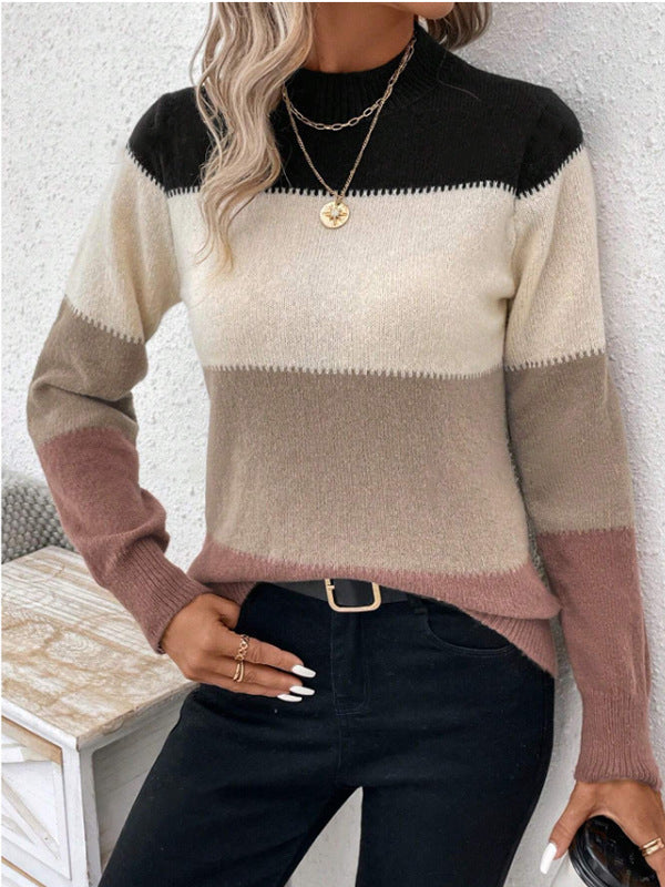 Autumn Winter Contrast Color Sweater  Women's Pullover round Neck Long Sleeves Knitwear Casual All-Matching Tops