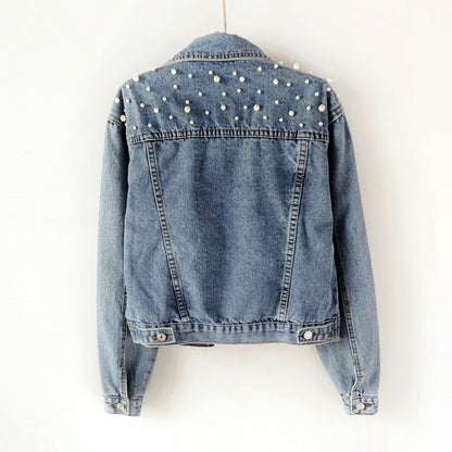 Women's Fashion Loose Embroidered Pearls Beading Cropped Denim Jacket Jean Coat