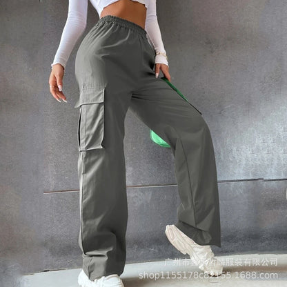 Girl's Elastic Waist Trousers Loose Straight Leg Flap Pocket Cargo Pants