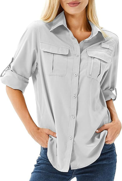 Women's UPF 50 Long Sleeve Sun Protection Shirts Safari Fishing Hiking