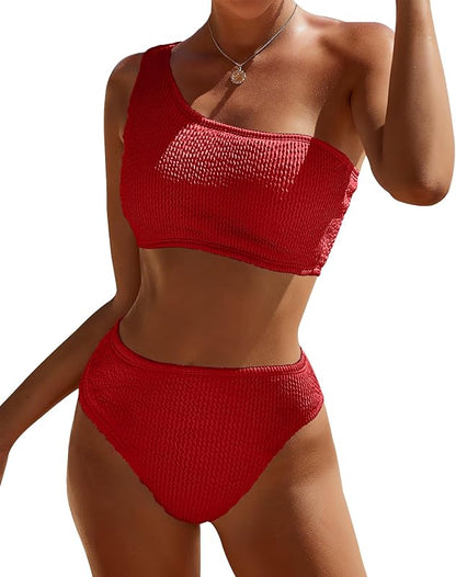 Women One Shoulder Bikini Set High Waisted Tummy Control Full Coverage Swimsuit Ribbed 2 Piece Bathing Suit 2025 - Seldom Seen Styles