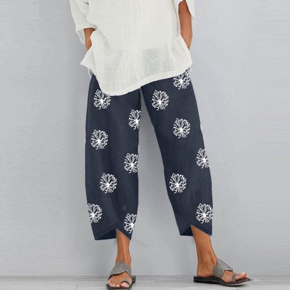 Pantalon Capri d'été décontracté en coton et lin, imprimé, court, confortable, ample, avec poches, pantalon de détente Palazzo