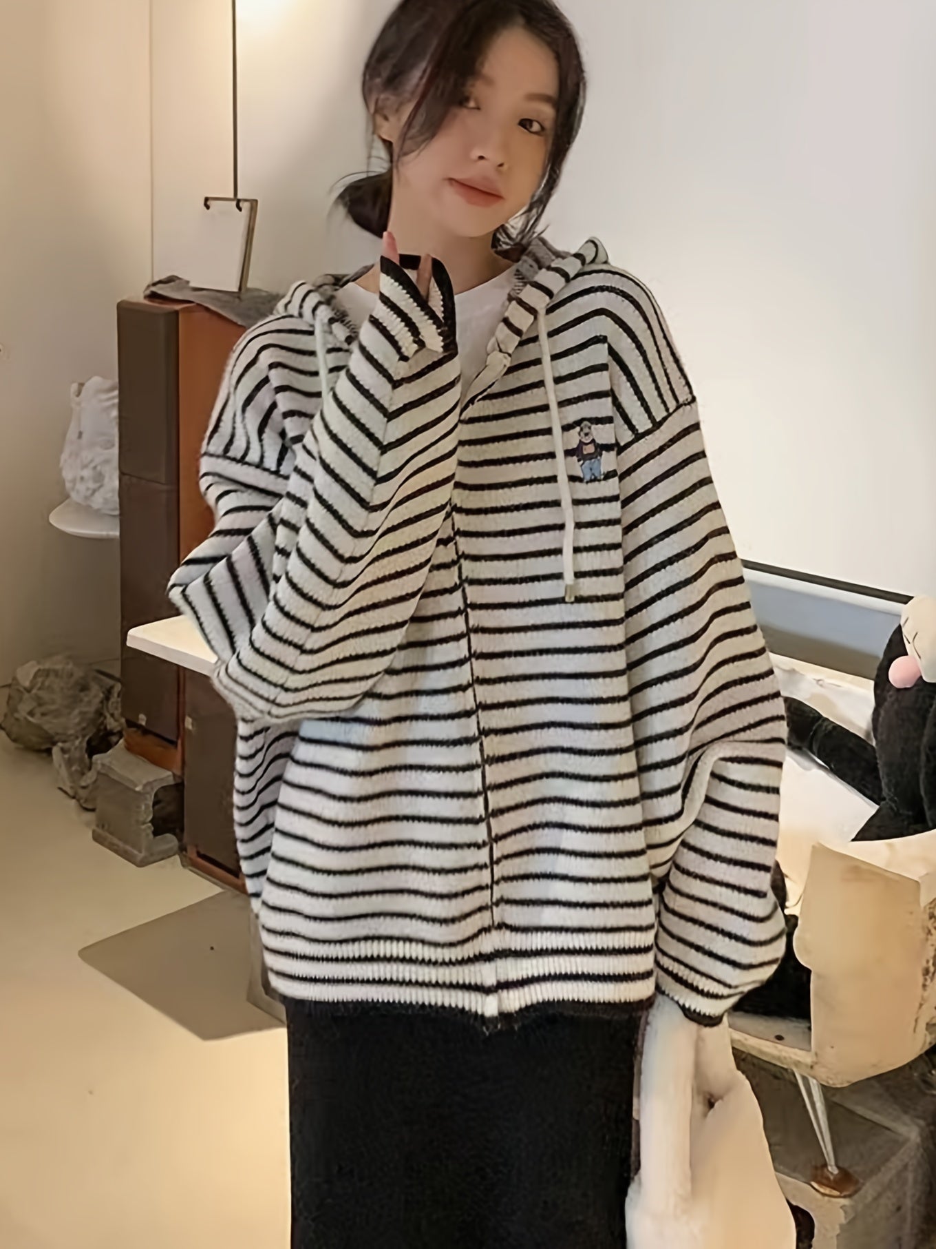 Stripe Zip-up Hoodie Cardigan, Casual Long Sleeve Oversize Drawstring Embroidery Cardigan For Fall & Winter, Women's Clothing