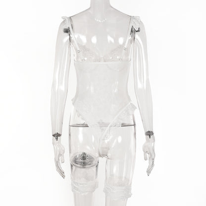 Women Sexy Lingerie Bodysuit Floral Lace Teddy Babydoll Snap Crotch Ruffle One Piece with Thigh Bands