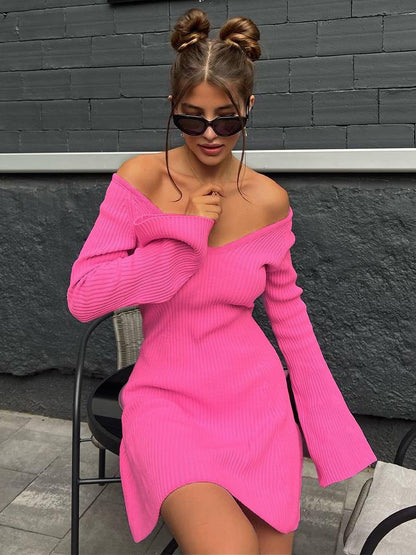 V-neck Long Sleeve Sexy Dress Short Skirt A- Line Skirt Strapless High Waist Autumn and Winter New European and American Knitted Dress