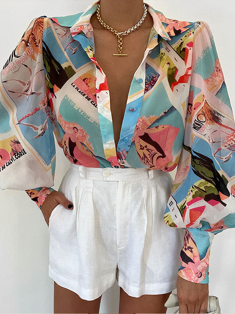 BTFBM Women Fashion Button Down Shirts Lapel V Neck Printed Solid Boho Long Sleeve Blouses Dressy Casual Summer Fall Top